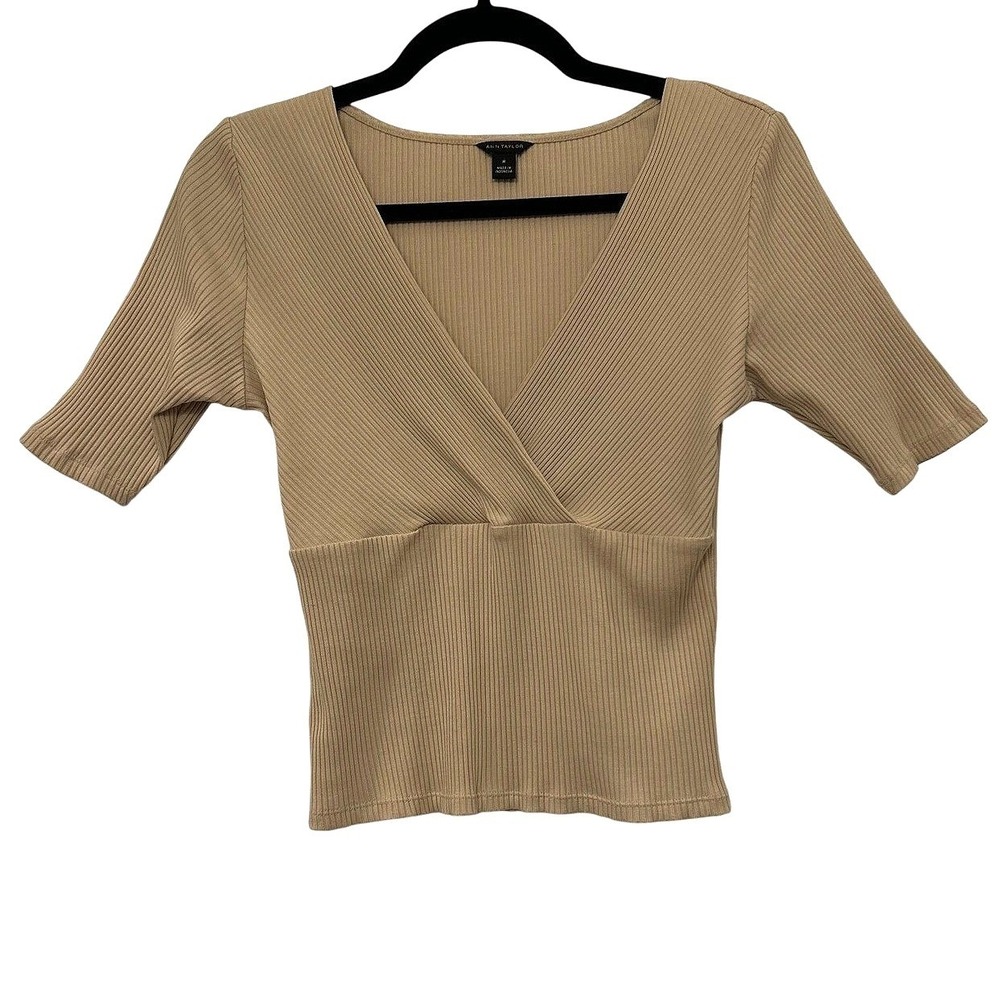Ann Taylor Ribbed Surplice Crossover Top M Beige Cotton Modal Stretch Empire Cut